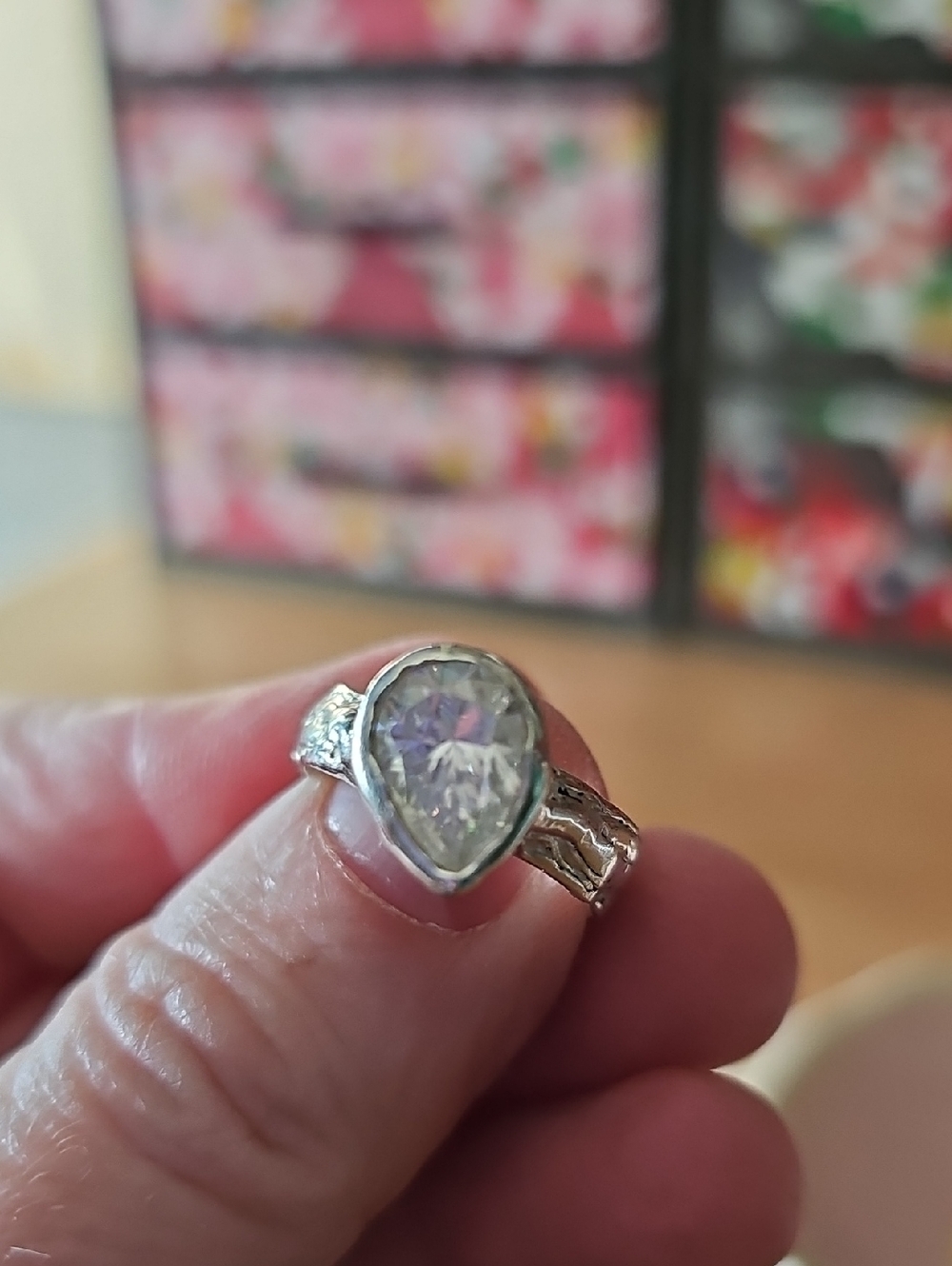 Sterling Silver Sparkling Moissanite Teardrop Ring Size 7.5